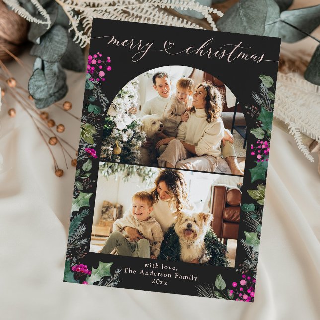 Cartes Pour Fêtes Annuelles Boho foncé Fuchsia Botaniques 2 Photo Noël (Créateur téléchargé)