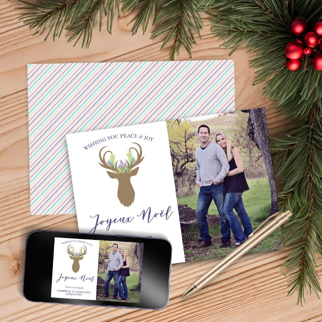 Cartes Pour Fêtes Annuelles Boho French Christmas Reindeer Joyeux Noel Photo (French Christmas Reindeer Joyeux Noel Photo Holiday Card)