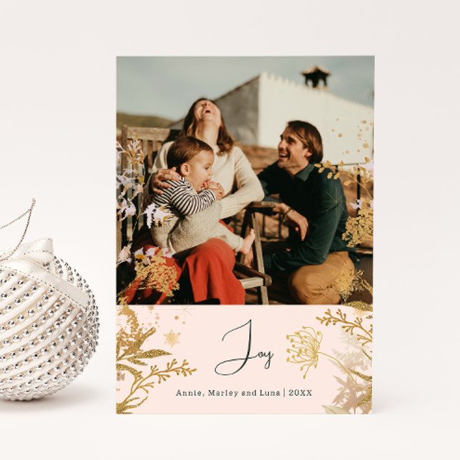 Cartes Pour Fêtes Annuelles Boho Gold Fleurs Joie Rose Photo Vertical Noël (Créateur téléchargé)