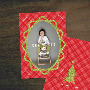 Cartes Pour Fêtes Annuelles Boho Green Glitter & Plaid Oval Photo Noël
