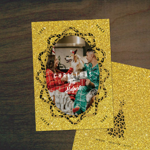 Cartes Pour Fêtes Annuelles Boho Guépard & Ovale de Photo Pailleté Noël
