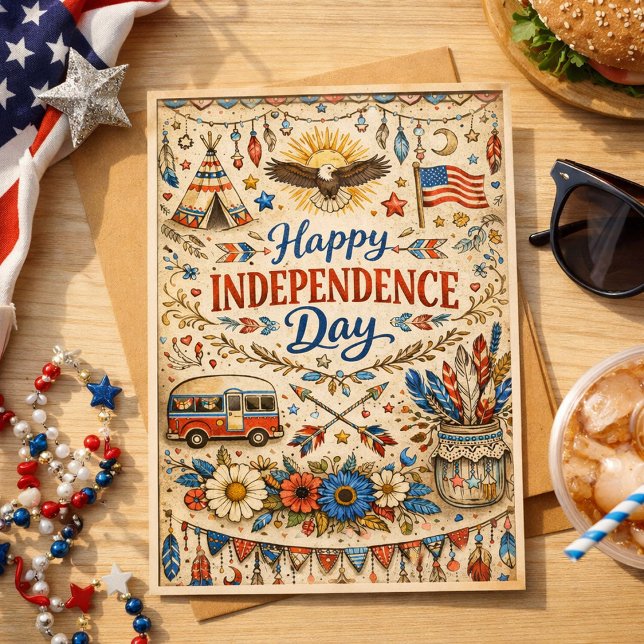Cartes Pour Fêtes Annuelles Boho Happy Independence Day Americana (Créateur téléchargé)