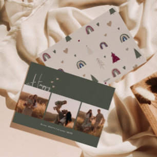Cartes Pour Fêtes Annuelles Boho Hearts Happy Green Trois photos Noël