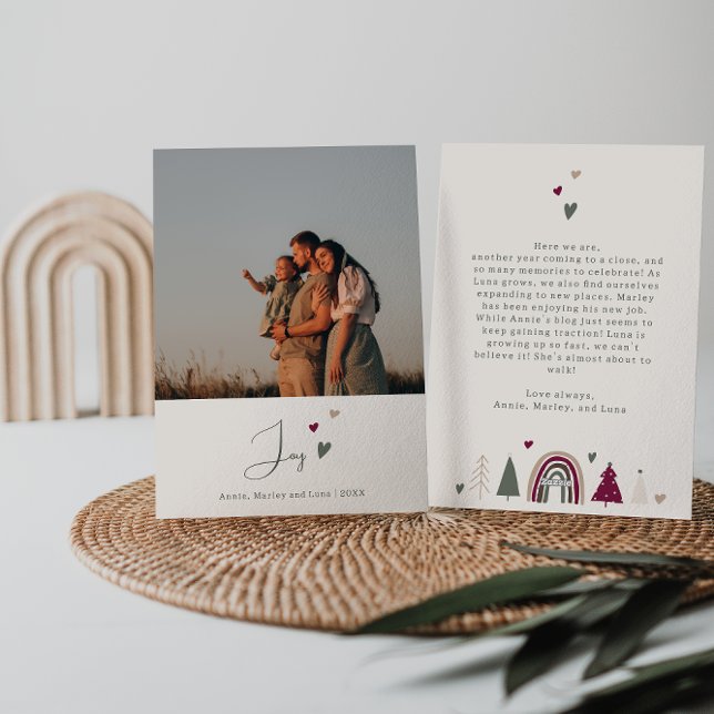 Cartes Pour Fêtes Annuelles Boho Hearts Joie Beige Famille Photo Noël (Créateur téléchargé)