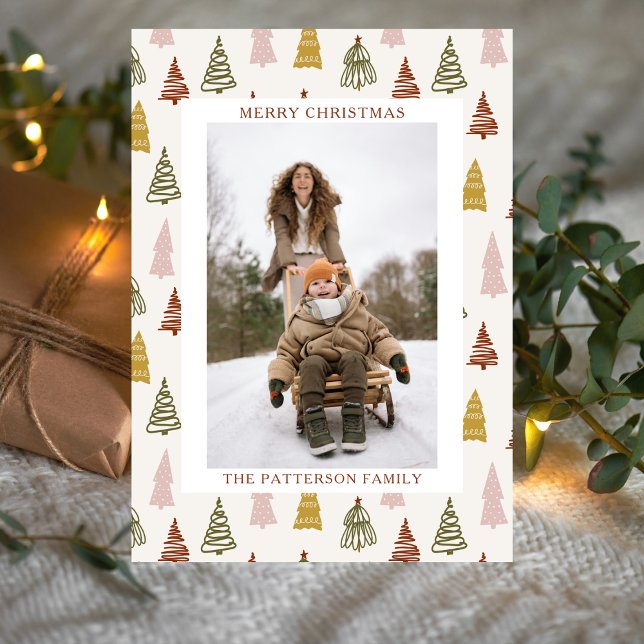 Cartes Pour Fêtes Annuelles Boho Hiver Pins de Bois Dessin Photo Noël (Créateur téléchargé)