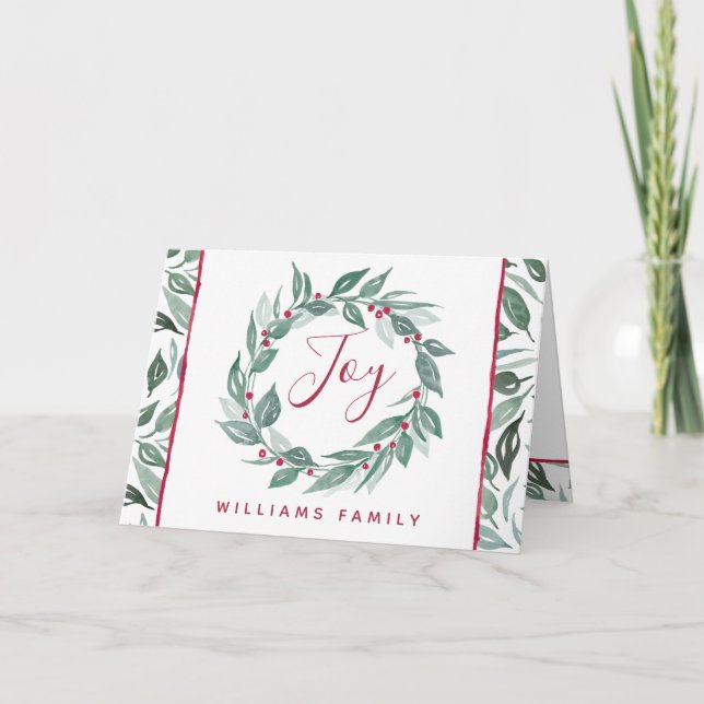Cartes Pour Fêtes Annuelles Boho Joy Greenery Wreath Red Berries Nom de famill (Devant)