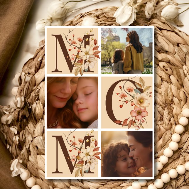 Cartes Pour Fêtes Annuelles Boho lettres florales maman trois photos Fête des  (Créateur téléchargé)