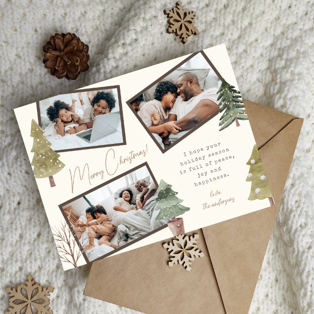 Cartes Pour Fêtes Annuelles Boho moderne Noël 3 Photo Collage Pine Trees (Créateur téléchargé)