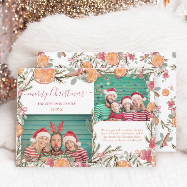 Cartes Pour Fêtes Annuelles Boho Oranges branche de pin 2 photos Joyeux Noël (Boho Oranges pine branch 2 photos Merry Christmas Holiday Card)