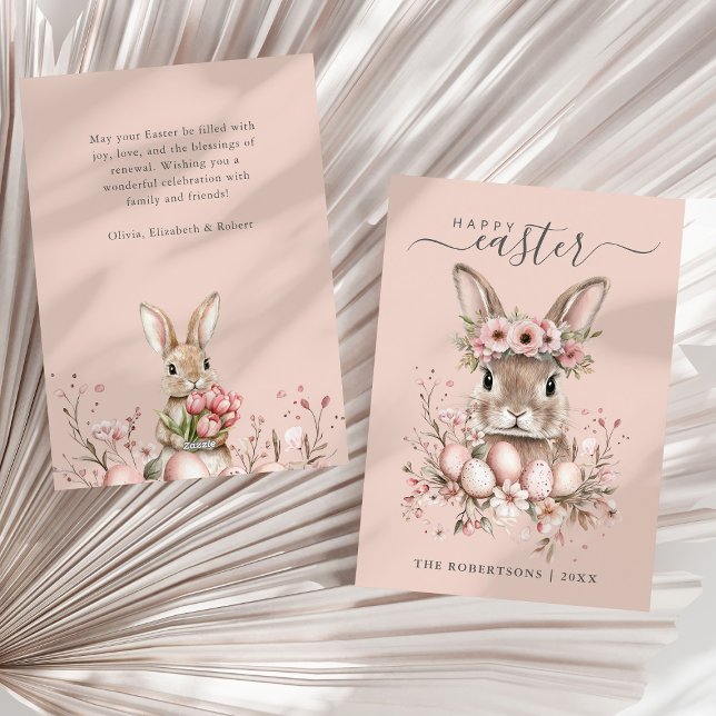 Cartes Pour Fêtes Annuelles Boho Pâques Joli Lapin Blush Oeufs Floraux (Boho Easter Pretty Bunny Blush Floral Eggs Holiday Card on a sunny neutral dry palm leaf.)
