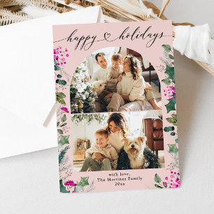 Cartes Pour Fêtes Annuelles Boho Pink Elegant 2 Family Photo Holiday Card