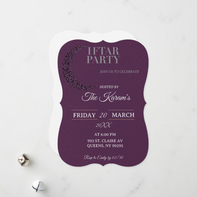 Cartes Pour Fêtes Annuelles Boho Purple Minimalist Mosque Ramadan Iftar Party  (Devant/Arrière en situation)