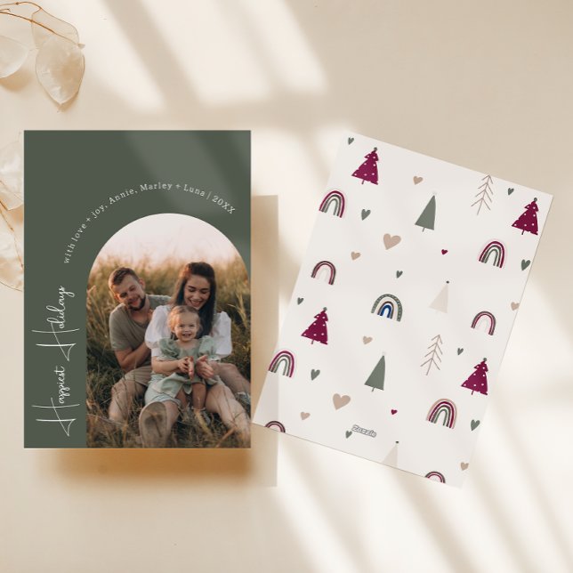 Cartes Pour Fêtes Annuelles Boho Rainbow & Hearts Arch Green Photo Happiest (Créateur téléchargé)