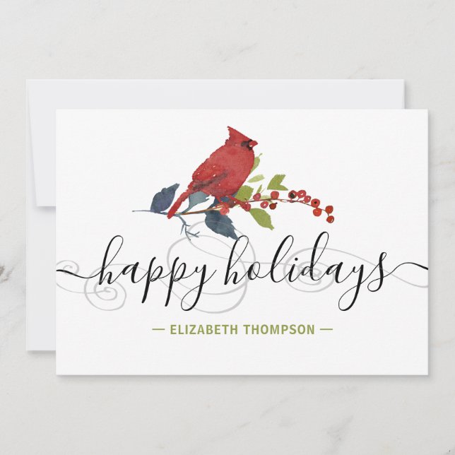 Cartes Pour Fêtes Annuelles Boho Red Cardinal Holly Berries Name Happy (Devant)