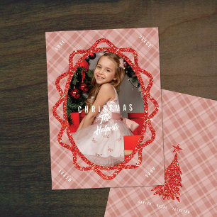 Cartes Pour Fêtes Annuelles Boho Rouge Pailleté & Carreaux Ovale Photo Noël
