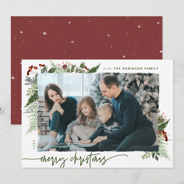 Cartes Pour Fêtes Annuelles Boho rustique verdure Joyeux Noël 1 Photo (Devant / Derrière)