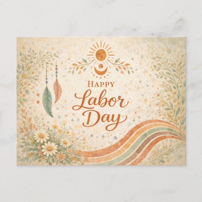 Cartes Pour Fêtes Annuelles Boho Sun Wildflowers Happy Labor Day (Devant)