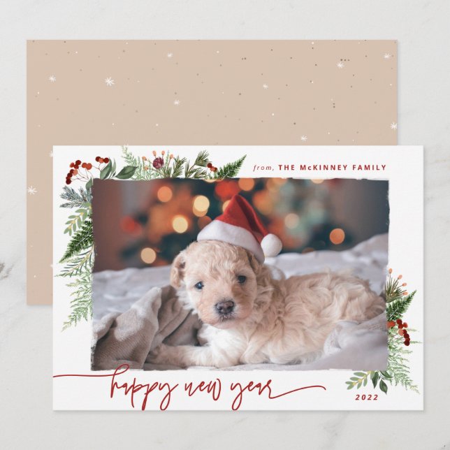 Cartes Pour Fêtes Annuelles Boho Verdure Bordeaux Beige 2022 Nouvel An (Devant / Derrière)