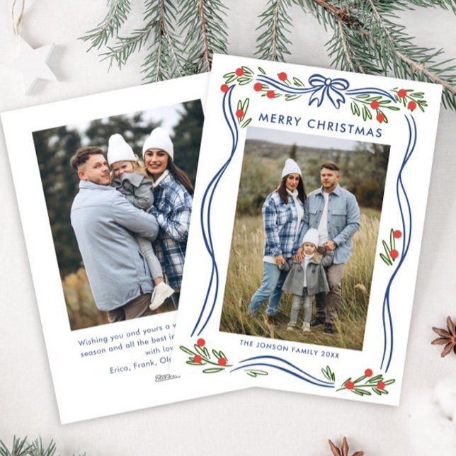 Cartes Pour Fêtes Annuelles Boho Whimsical Blue Christmas Bow Ribbon 2 Photo (Créateur téléchargé)