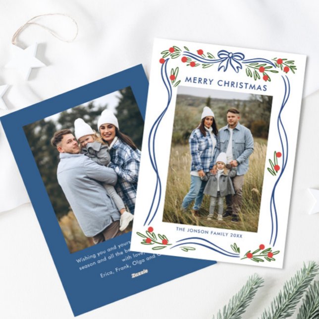 Cartes Pour Fêtes Annuelles Boho Whimsical Blue Christmas Bow Ribbon 2 Photo (Créateur téléchargé)