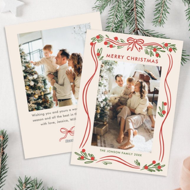 Cartes Pour Fêtes Annuelles Boho Whimsical Red Christmas Bow Ribbon 2 Photo (Créateur téléchargé)