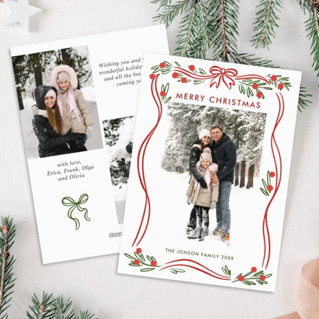 Cartes Pour Fêtes Annuelles Boho Whimsical Red Christmas Bow Ribbon 3 Photo (Créateur téléchargé)