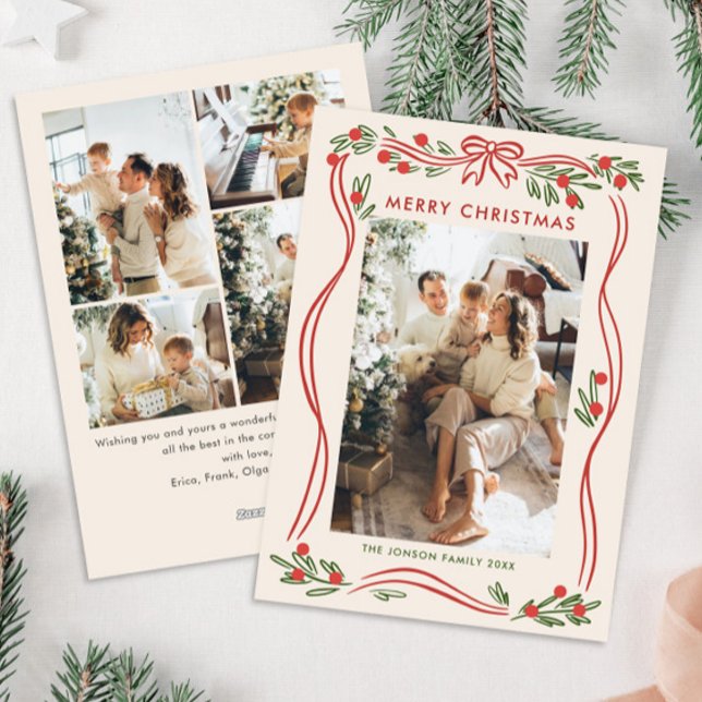 Cartes Pour Fêtes Annuelles Boho Whimsical Red Christmas Bow Ribbon 5 Photo (Créateur téléchargé)