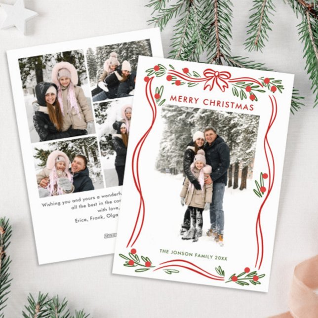 Cartes Pour Fêtes Annuelles Boho Whimsical Red Christmas Bow Ribbon 5 Photo (Créateur téléchargé)