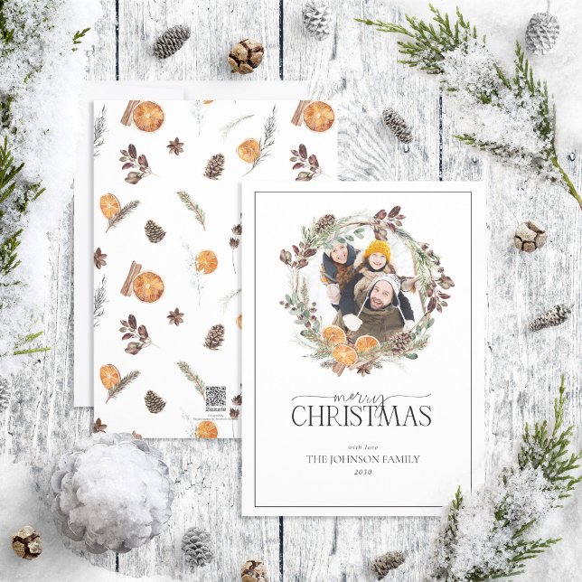 Cartes Pour Fêtes Annuelles Boho Winter Citrus Wreath Joyeux Noël Photo Ho (Créateur téléchargé)