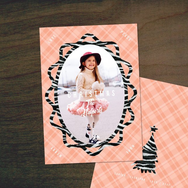Cartes Pour Fêtes Annuelles Boho Zebra & Plaid Oval Photo Noël (Créateur téléchargé)