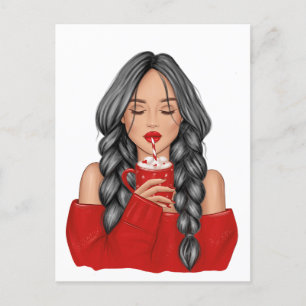 Cartes Pour Fêtes Annuelles Boire du chocolat chaud en hiver dans un pull roug