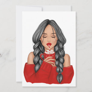 Cartes Pour Fêtes Annuelles Boire du chocolat chaud en hiver dans un pull roug
