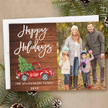 Cartes Pour Fêtes Annuelles Bois Brush Script Vacances Camion Vintage Photo<br><div class="desc">Brosse Rustique en bois Script Aquarelle Vintage Camion rouge avec arbre de Noël - Joyeuses vacances Carte photo de famille</div>
