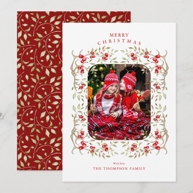 Cartes Pour Fêtes Annuelles Bois rustique | Antler et Berry Wreath Photo (Devant / Derrière)