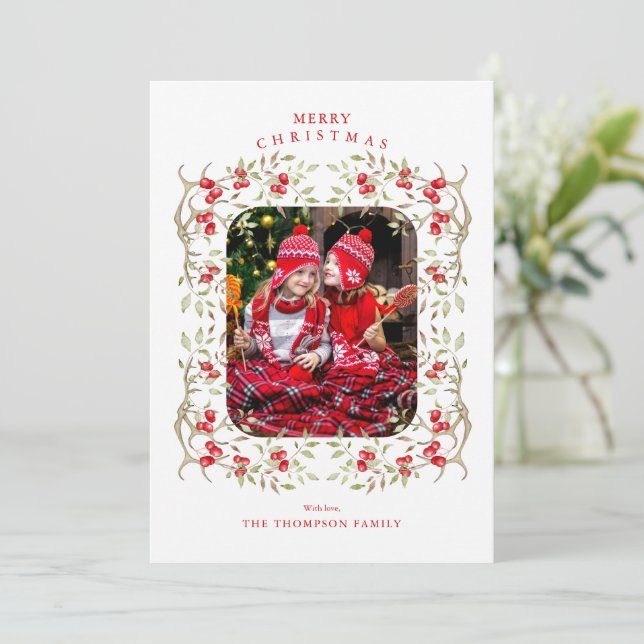 Cartes Pour Fêtes Annuelles Bois rustique | Antler et Berry Wreath Photo (Debout devant)