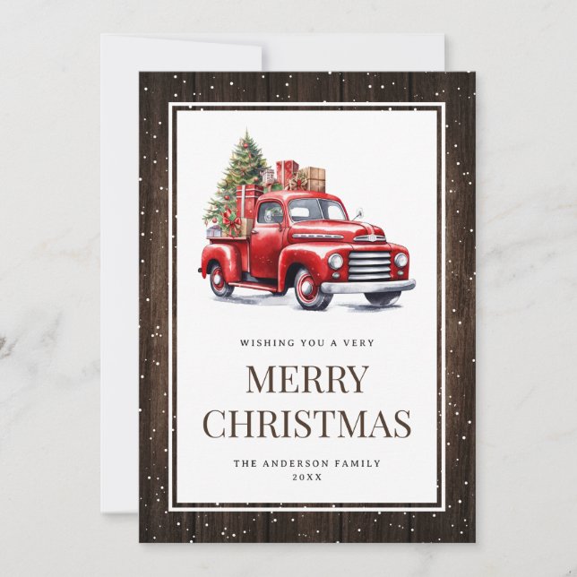 Cartes Pour Fêtes Annuelles Bois rustique Aquarelle Camion rouge Arbre de Noël (Devant)
