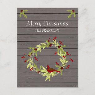 Cartes Pour Fêtes Annuelles Bois rustique avec couronne de Noël et oiseau doux