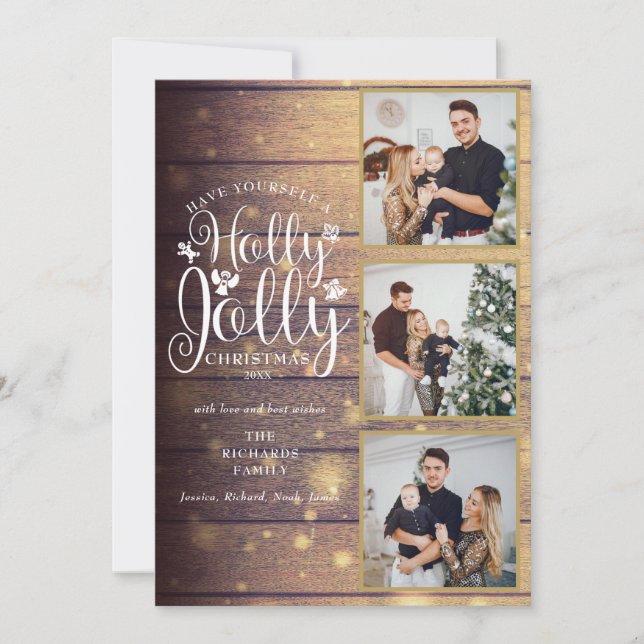 Cartes Pour Fêtes Annuelles Bois rustique joyeux et joyeux Noël 3 Photo Collag (Devant)