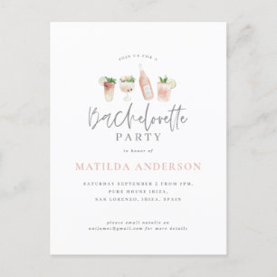 Cartes Pour Fêtes Annuelles boisson d'aquarelle bachelorette fête girly rose