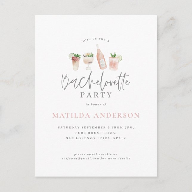 Cartes Pour Fêtes Annuelles boisson d'aquarelle bachelorette fête girly rose (Devant)