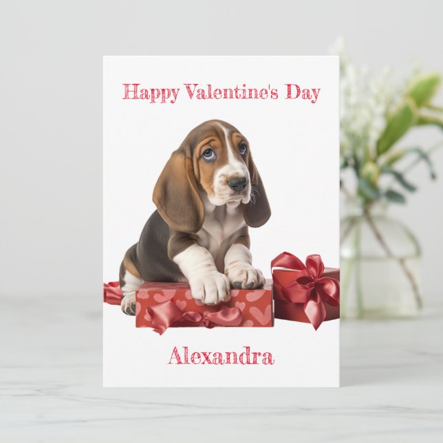 Cartes Pour Fêtes Annuelles Boîte cadeau Basset Hound Bow personnalisée Valent (Debout devant)