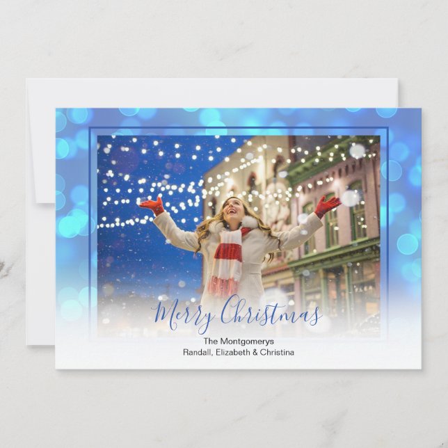 Cartes Pour Fêtes Annuelles Bokeh bleu et photo de Noël encadrée bleue (Devant)