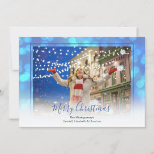 Cartes Pour Fêtes Annuelles Bokeh Bleu et Photo de Noël encadrée de Bleu