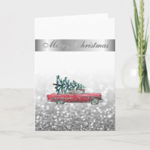 Cartes Pour Fêtes Annuelles Bokeh élégant,Voiture rétro chic arbre de Noël  