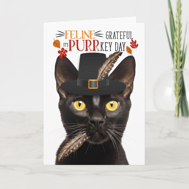 Cartes Pour Fêtes Annuelles Bombay Black Cat Feline Grateful pour PURRkey Day (Devant)