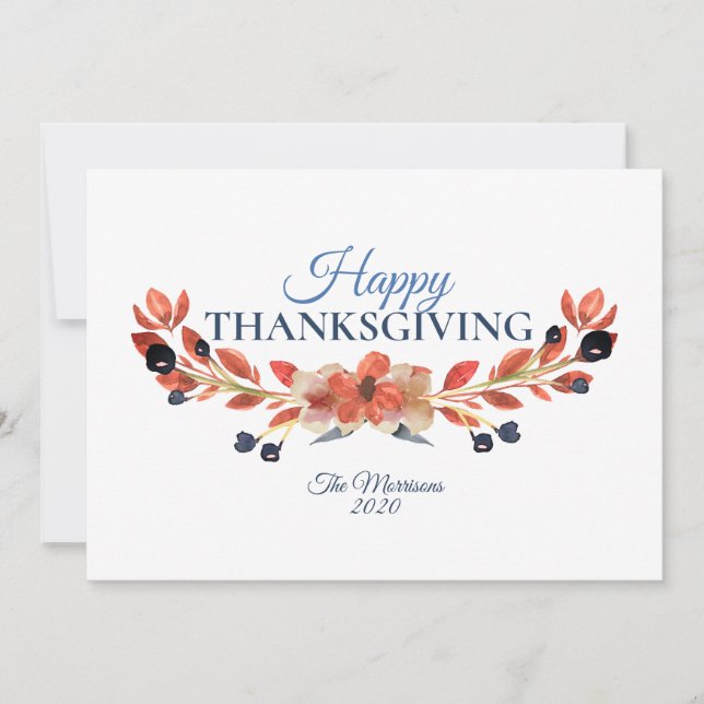 Cartes Pour Fêtes Annuelles Bon thanksgiving Bleu Brown Floral Aquarelle (Devant)