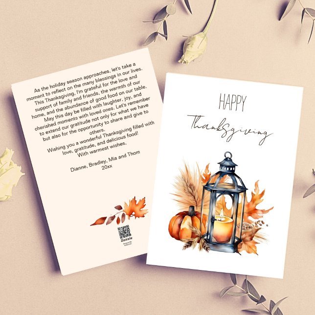 Cartes Pour Fêtes Annuelles Bon thanksgiving boho citrouille lanterne (Happy Thanksgiving boho minimalist greeting card template watercolor lantern pumpkin pampas grass)