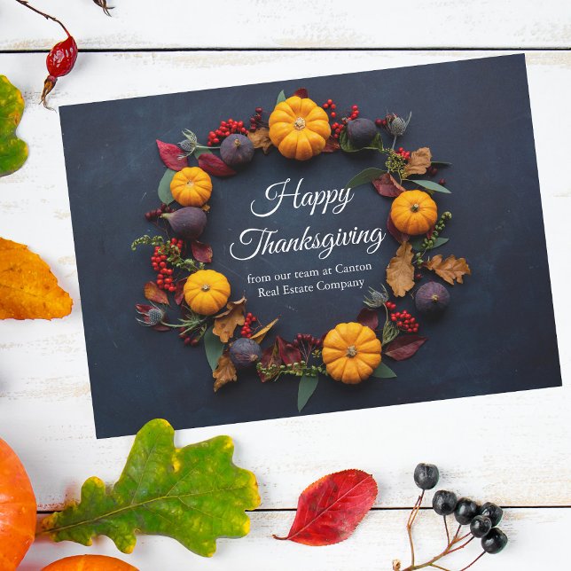 Cartes Pour Fêtes Annuelles Bon thanksgiving Business Citrouille Wreath Modern (Créateur téléchargé)