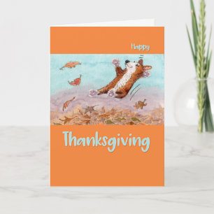 Cartes Pour Fêtes Annuelles bon thanksgiving, Chien Corgi sautant en feuille
