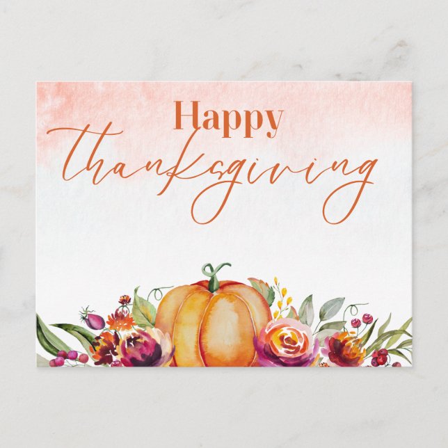 Cartes Pour Fêtes Annuelles Bon thanksgiving Citrouille et fleurs aquarelle (Devant)